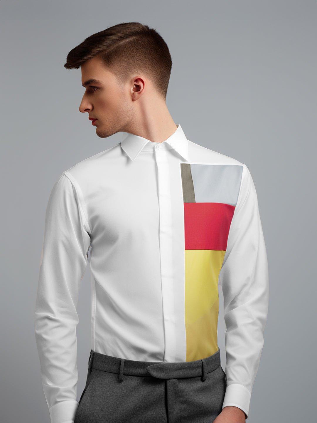 Colourblocked Smart Casual White Shirt - HE SPOKE - For Men