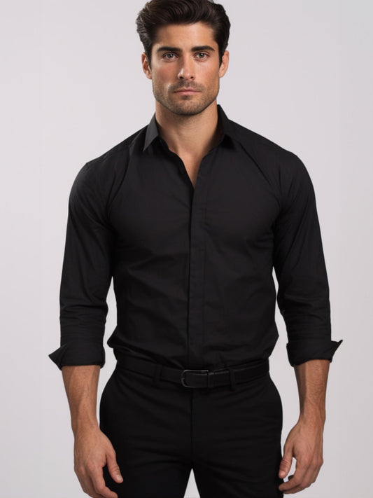 Black Solid Formal Designer Shirt For Men by HE SPOKE