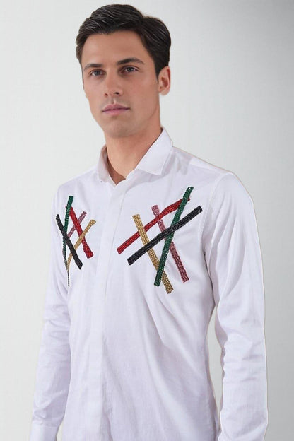 Embellished Party Wear White Shirt - HE SPOKE - For Men