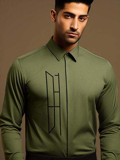 Embellished Smart Casual Olive Shirt - HE SPOKE - For Men