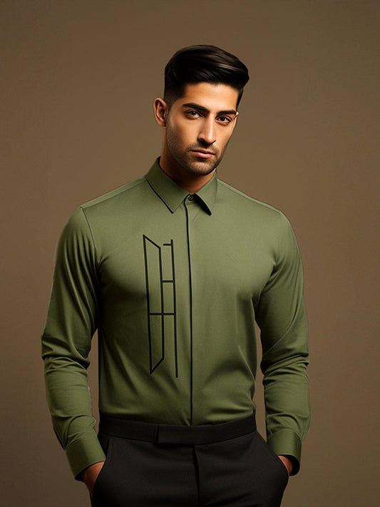 Embellished Smart Casual Olive Shirt - HE SPOKE - For Men