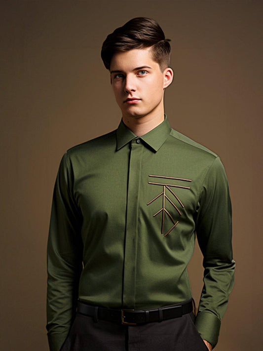 Embellished Smart Casual Olive Shirt - HE SPOKE - For Men