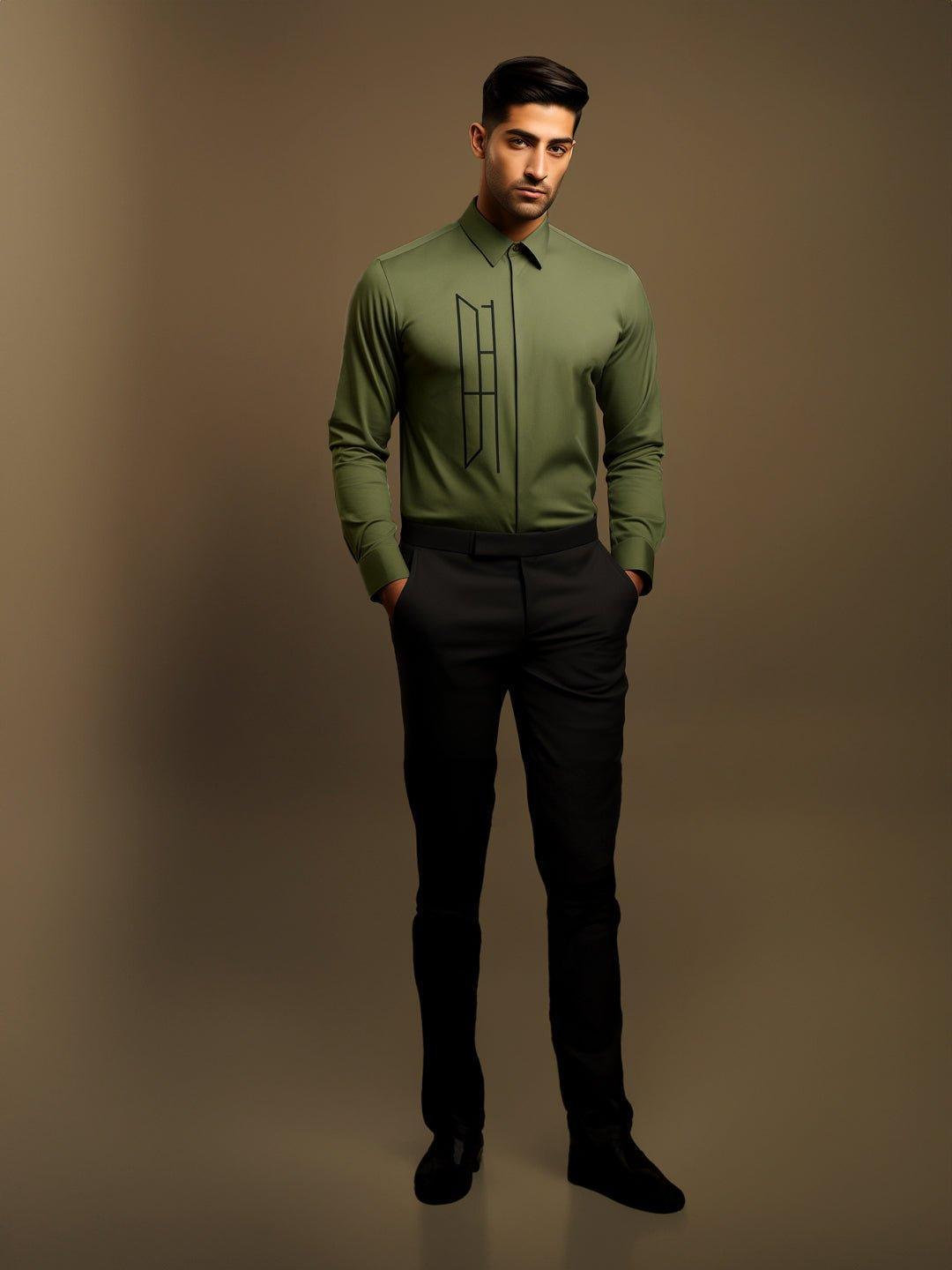 Embellished Smart Casual Olive Shirt - HE SPOKE - For Men