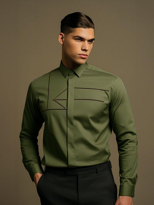 Embellished Smart Casual Olive Shirt - HE SPOKE - For Men