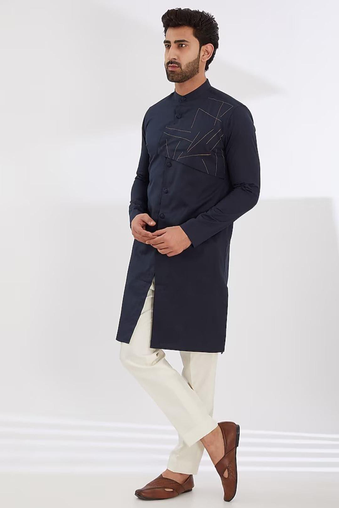 Embroidered Festive Navy Kurta - HE SPOKE - For Men