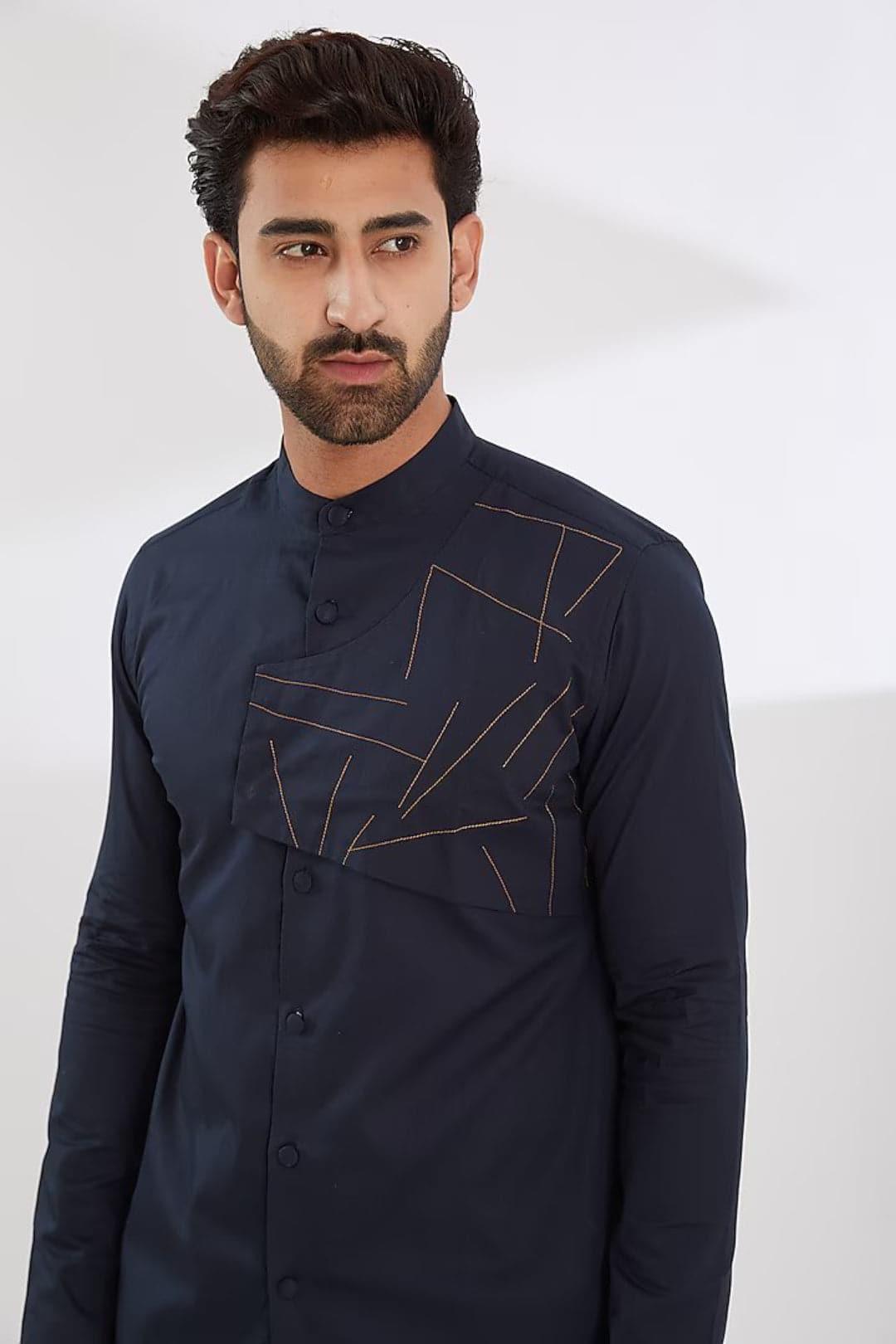 Embroidered Festive Navy Kurta - HE SPOKE - For Men