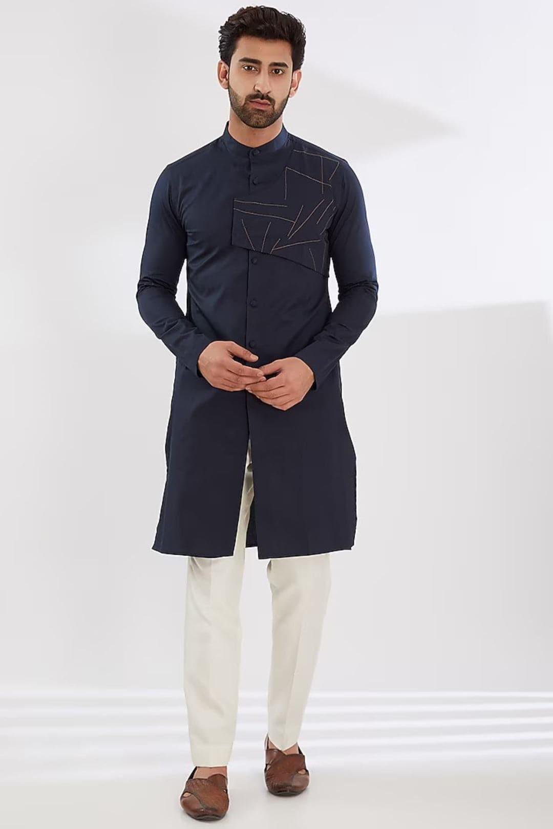 Embroidered Festive Navy Kurta - HE SPOKE - For Men