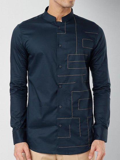 Embroidered Festive Navy Shirt - HE SPOKE - For Men