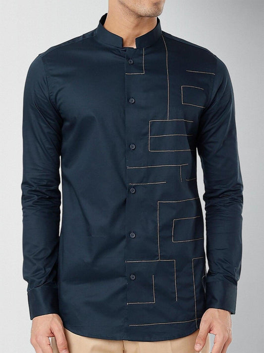 Embroidered Festive Navy Shirt - HE SPOKE - For Men