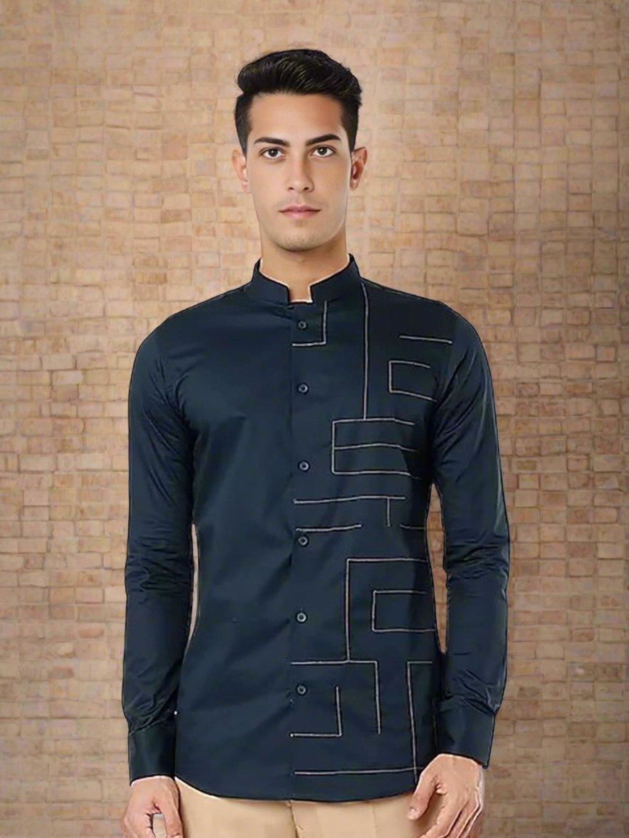 Embroidered Festive Navy Shirt - HE SPOKE - For Men