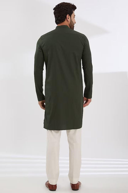 Embroidered Festive Olive Kurta - HE SPOKE - For Men