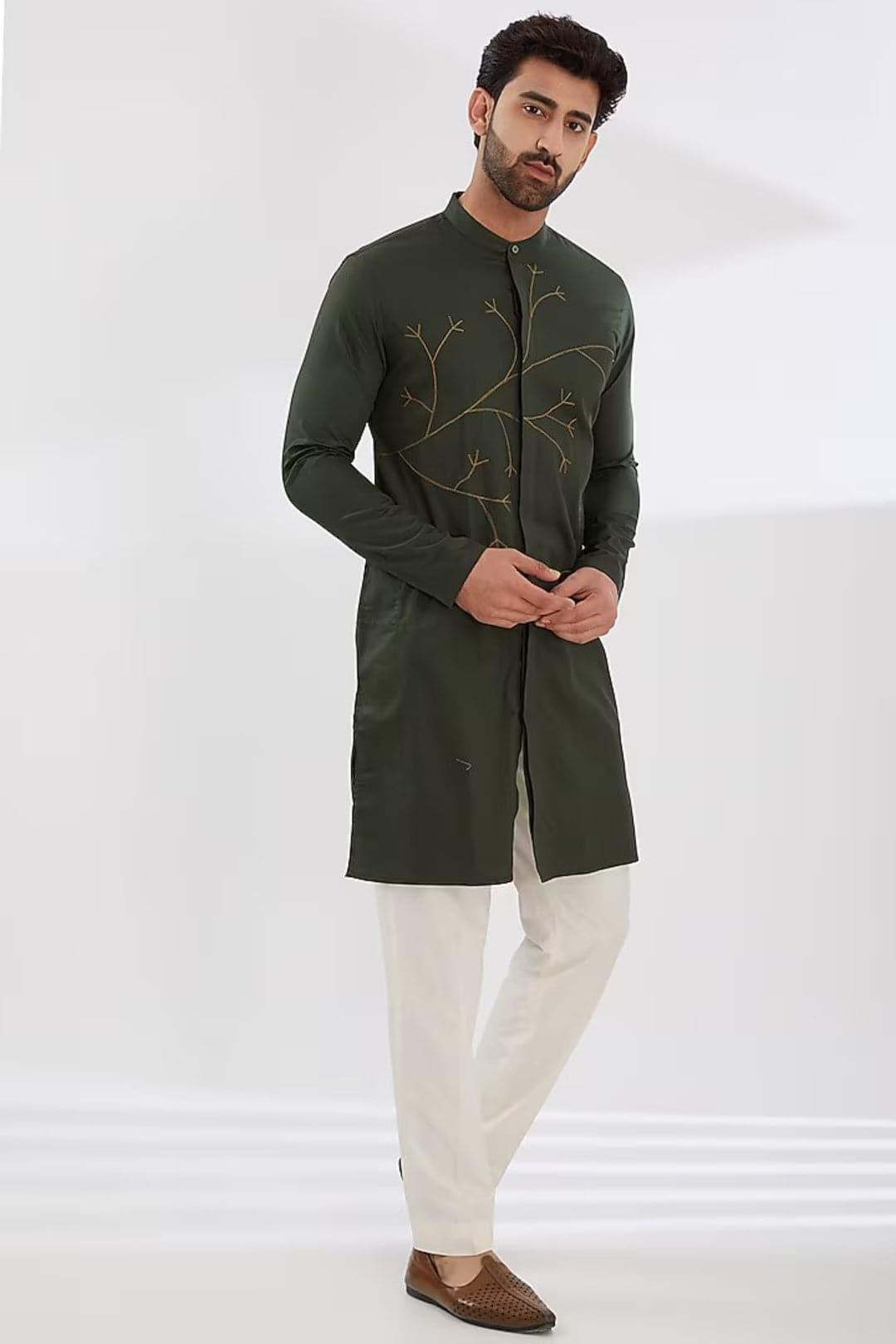 Embroidered Festive Olive Kurta - HE SPOKE - For Men