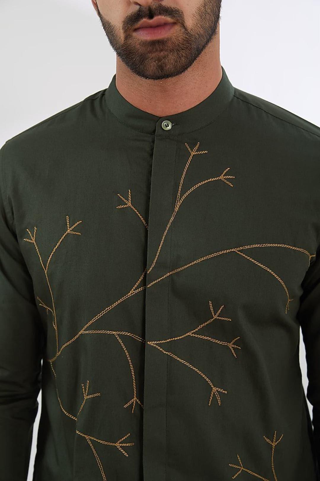 Embroidered Festive Olive Kurta - HE SPOKE - For Men