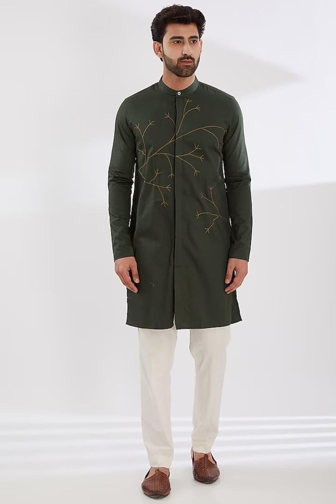 Embroidered Festive Olive Kurta - HE SPOKE - For Men