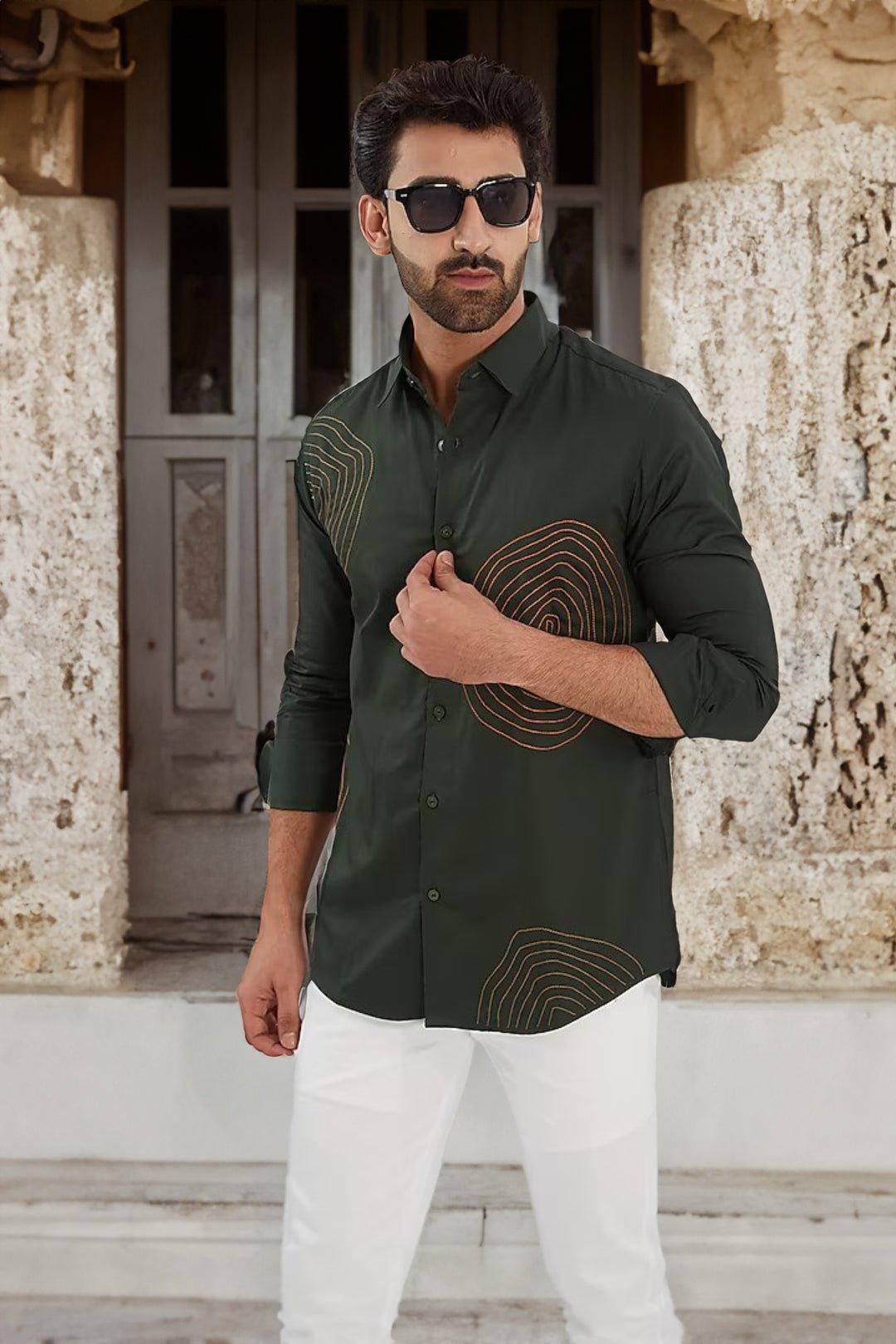 Embroidered Festive Olive Shirt - HE SPOKE - For Men