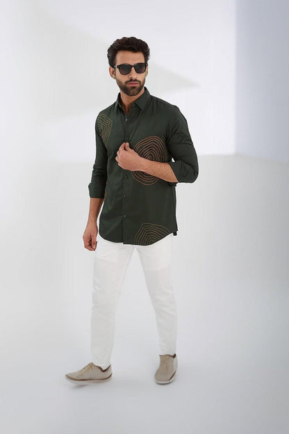 Embroidered Festive Olive Shirt - HE SPOKE - For Men