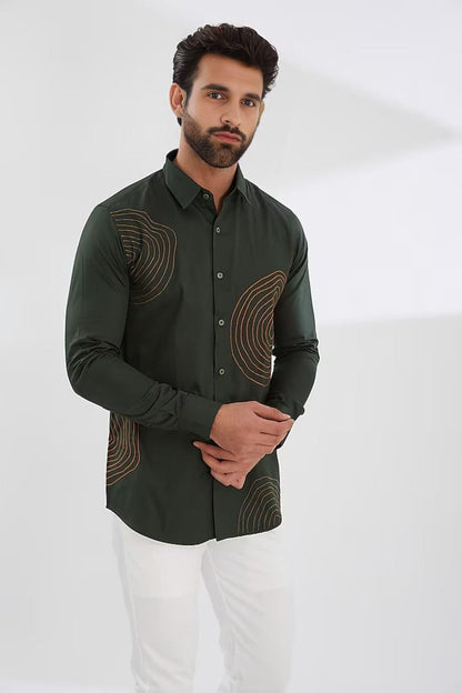 Embroidered Festive Olive Shirt - HE SPOKE - For Men