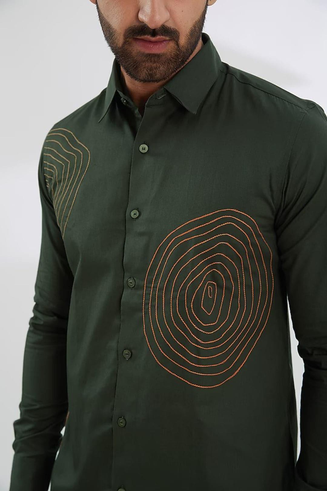 Embroidered Festive Olive Shirt - HE SPOKE - For Men