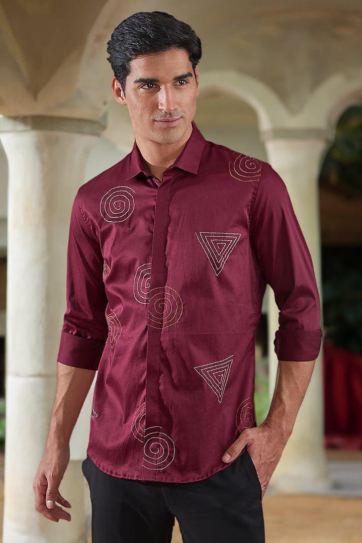 Embroidered Party Wear Burgundy Shirt - HE SPOKE - For Men