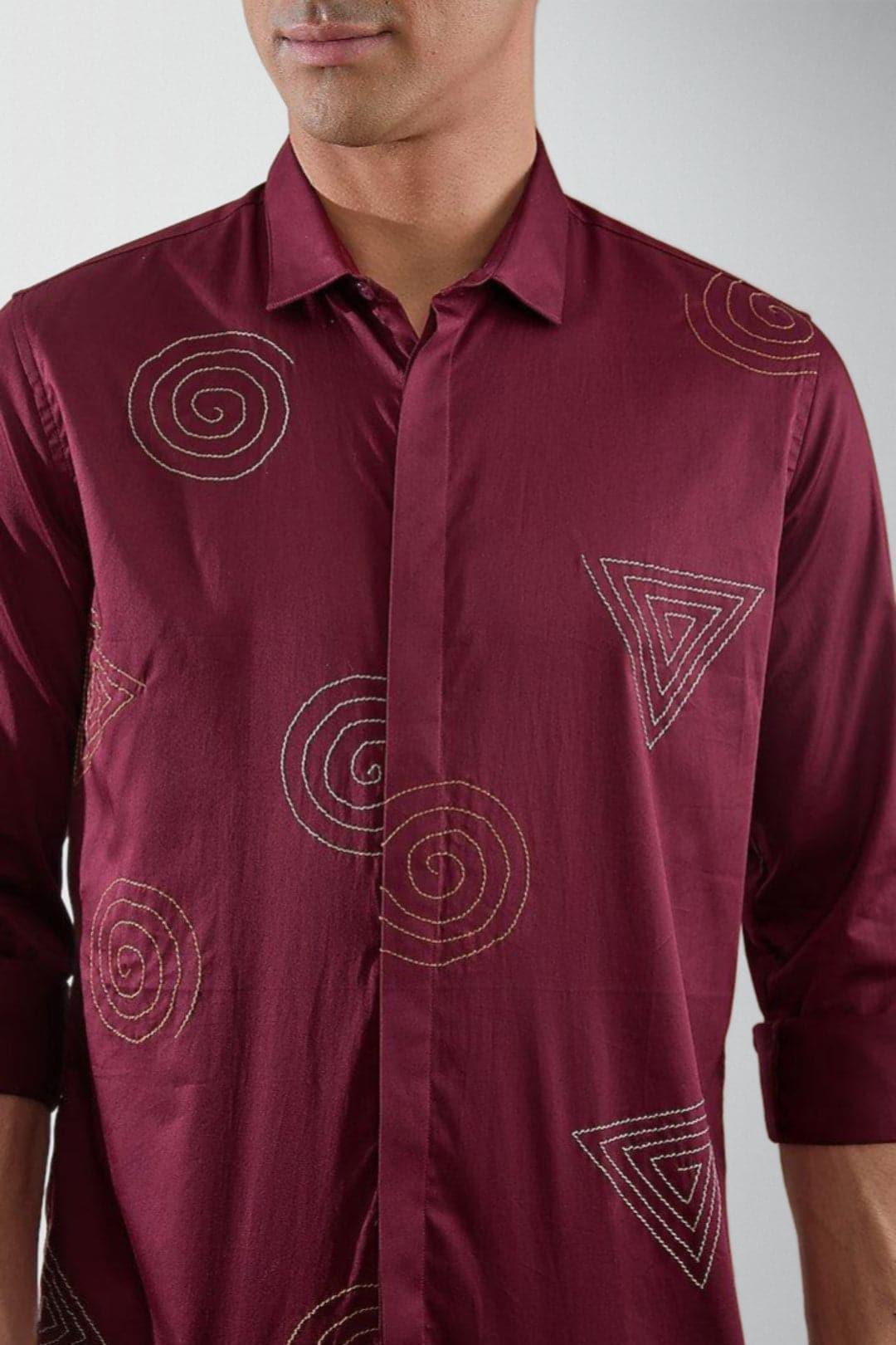 Embroidered Party Wear Burgundy Shirt - HE SPOKE - For Men