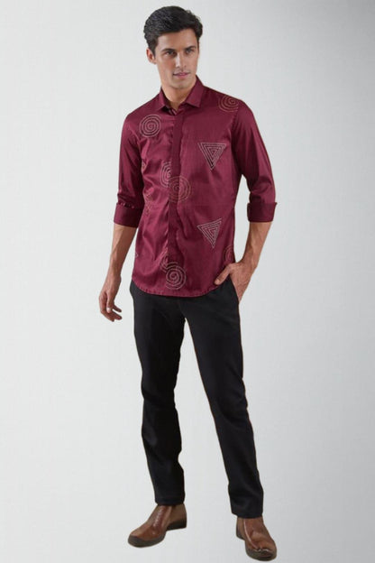 Embroidered Party Wear Burgundy Shirt - HE SPOKE - For Men