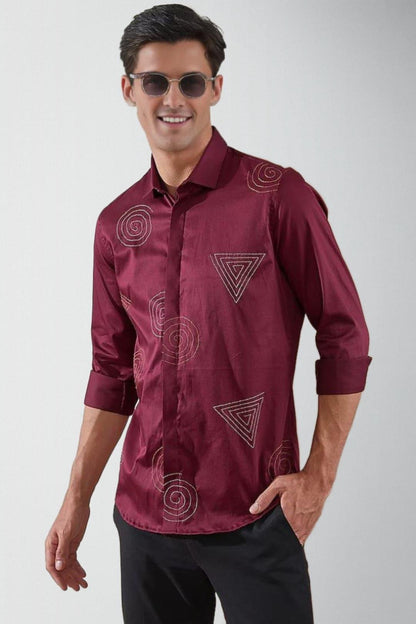 Embroidered Party Wear Burgundy Shirt - HE SPOKE - For Men