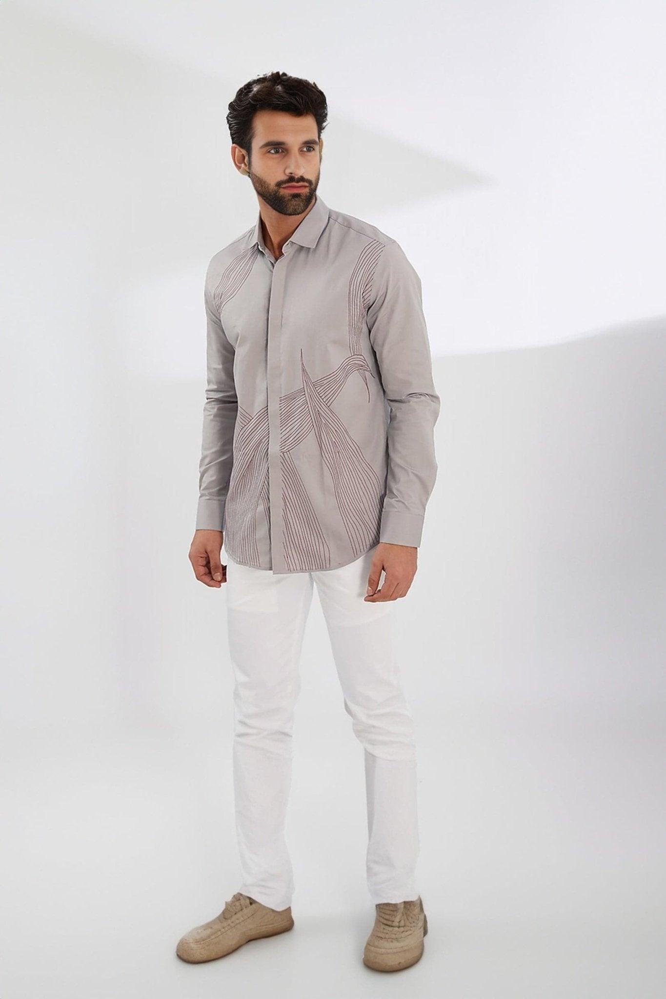 Embroidered Party Wear Grey Shirt - HE SPOKE - For Men