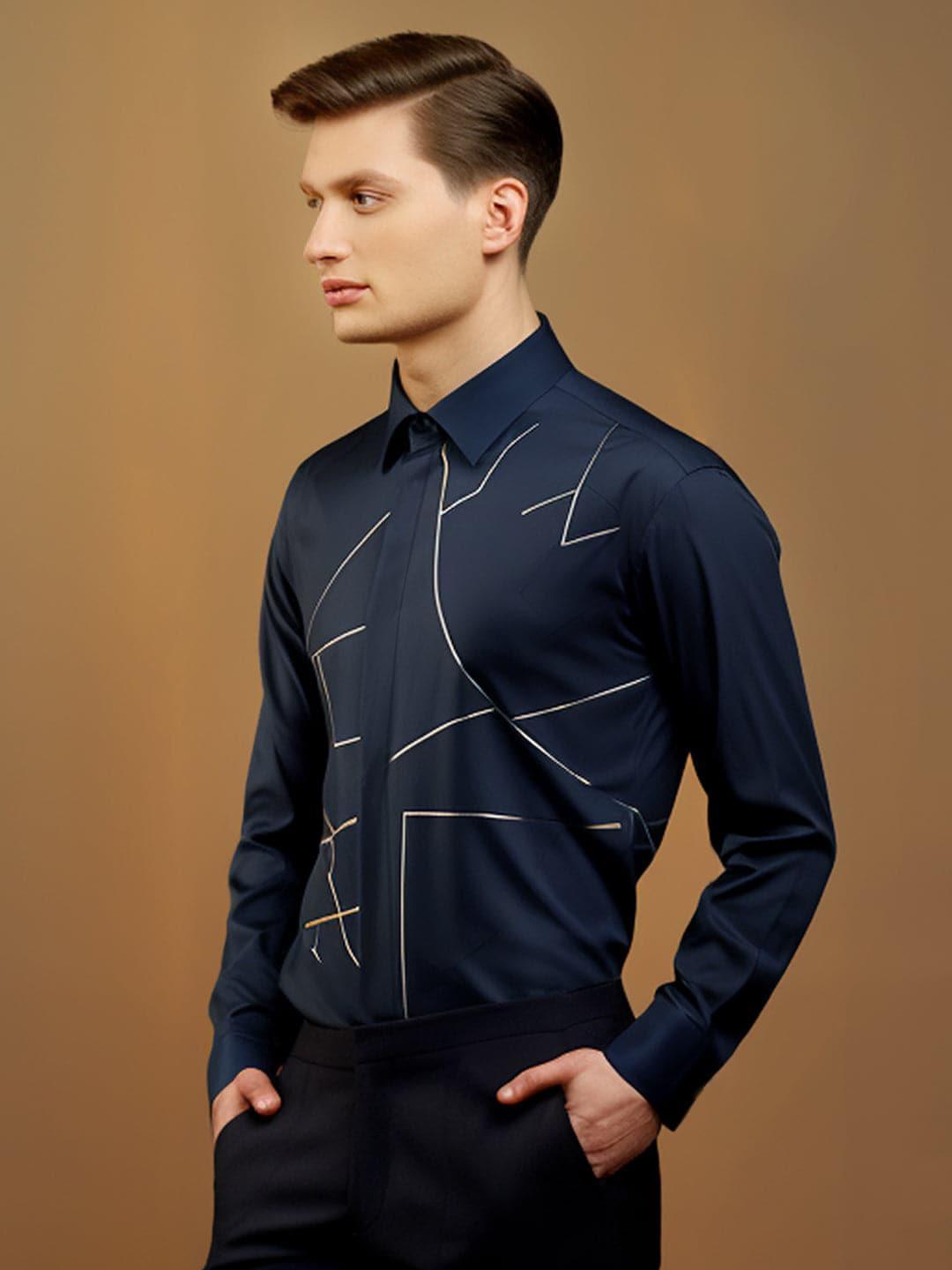 Embroidered Party Wear Navy Shirt - HE SPOKE - For Men