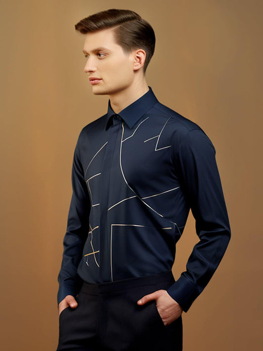 Embroidered Party Wear Navy Shirt - HE SPOKE - For Men