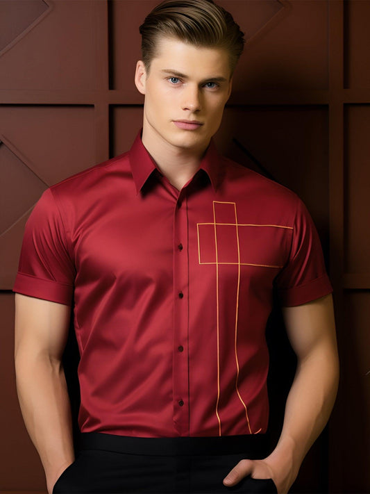 Embroidered Party Wear Red Shirt - HE SPOKE - For Men