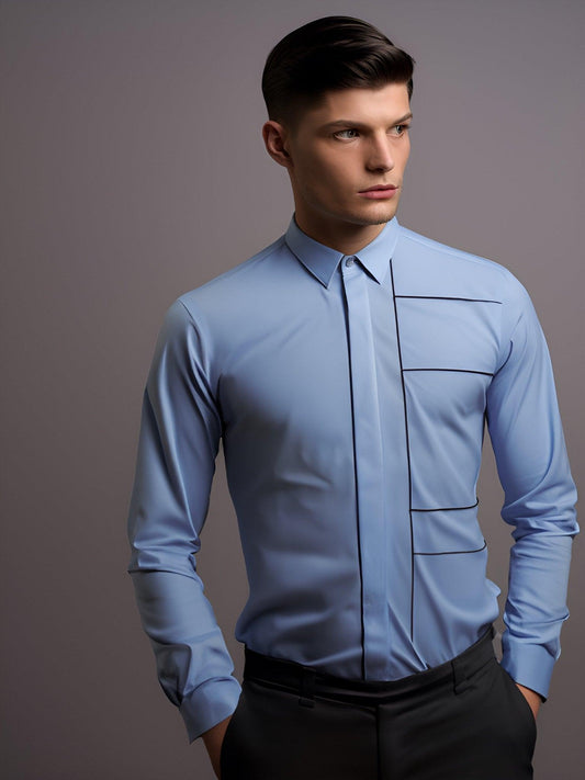 Embroidered Semi Formal Blue Shirt - HE SPOKE - For Men