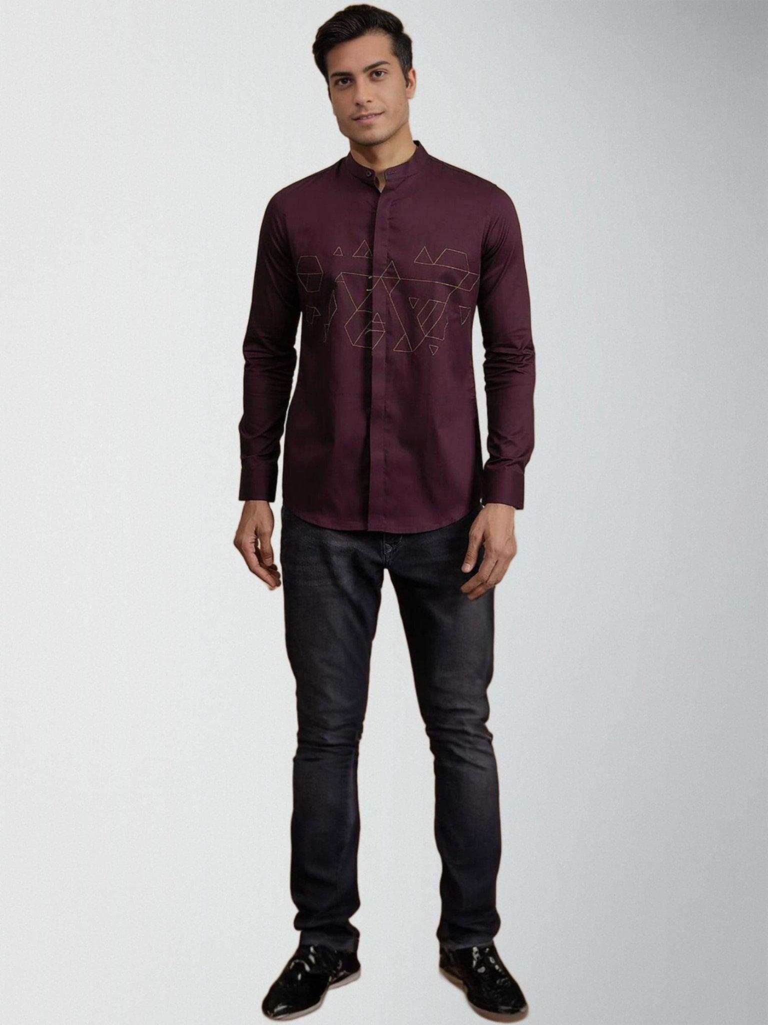 Embroidered Semi Formal Burgundy Shirt - HE SPOKE - For Men