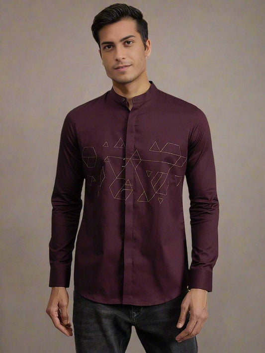 Embroidered Semi Formal Burgundy Shirt - HE SPOKE - For Men