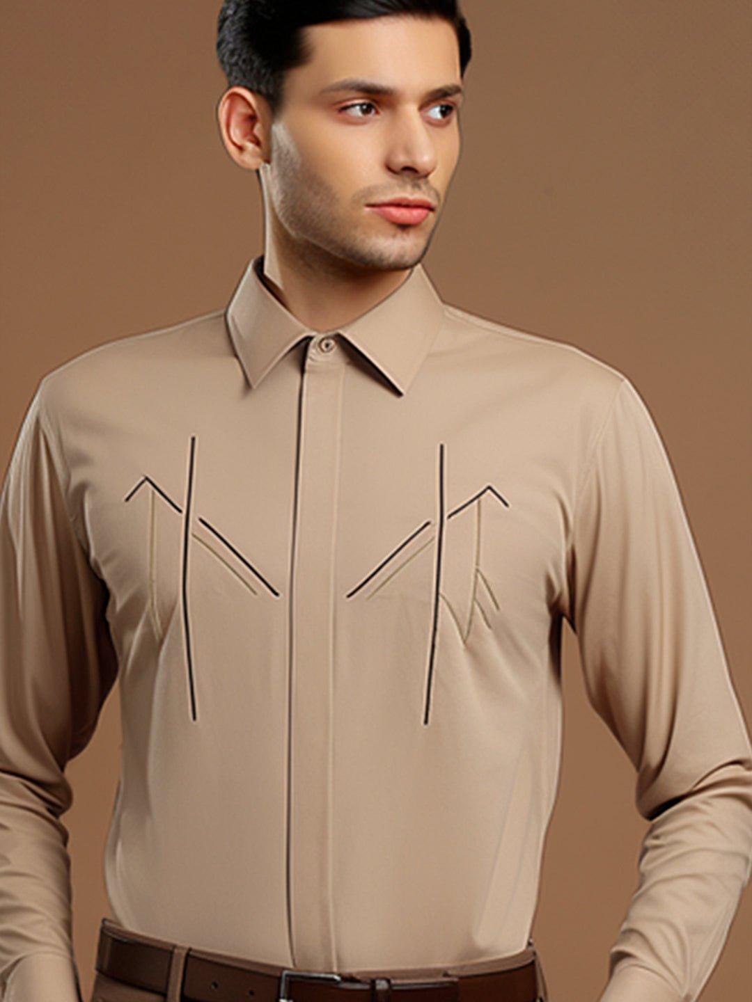 Embroidered Semi Formal Cream Shirt - HE SPOKE - For Men