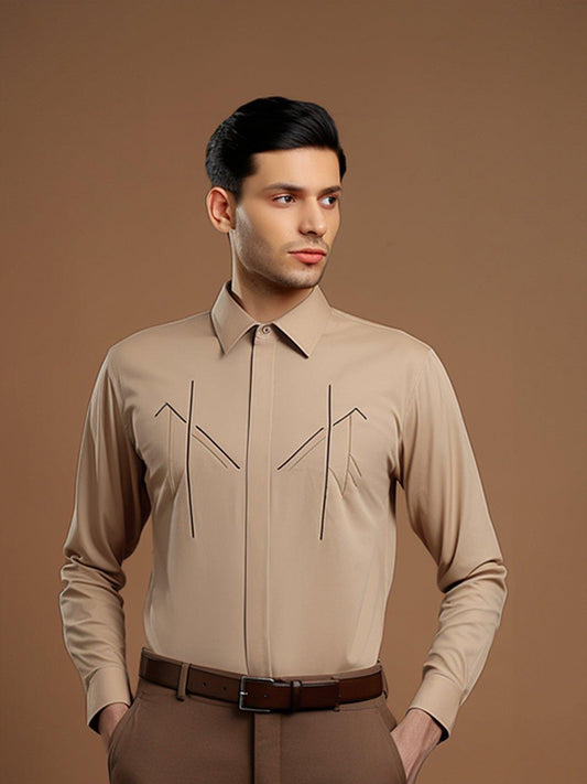 Embroidered Semi Formal Cream Shirt - HE SPOKE - For Men