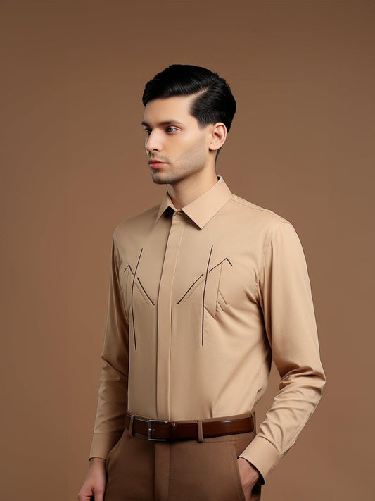 Embroidered Semi Formal Cream Shirt - HE SPOKE - For Men