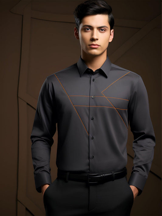 Embroidered Semi Formal Dark Grey Shirt - HE SPOKE - For Men