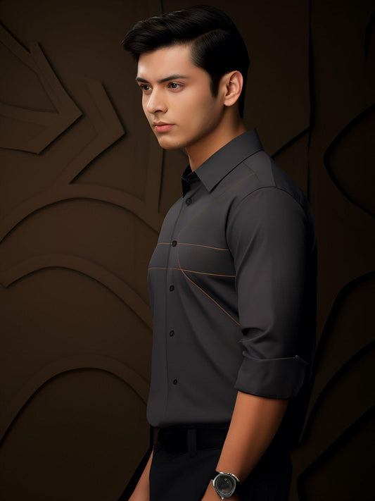 Embroidered Semi Formal Dark Grey Shirt - HE SPOKE - For Men