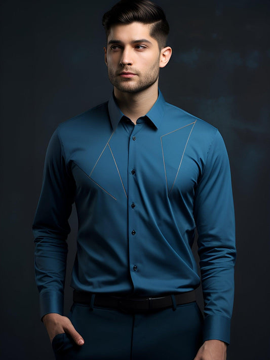 Embroidered Semi Formal Forest Blue Shirt - HE SPOKE - For Men