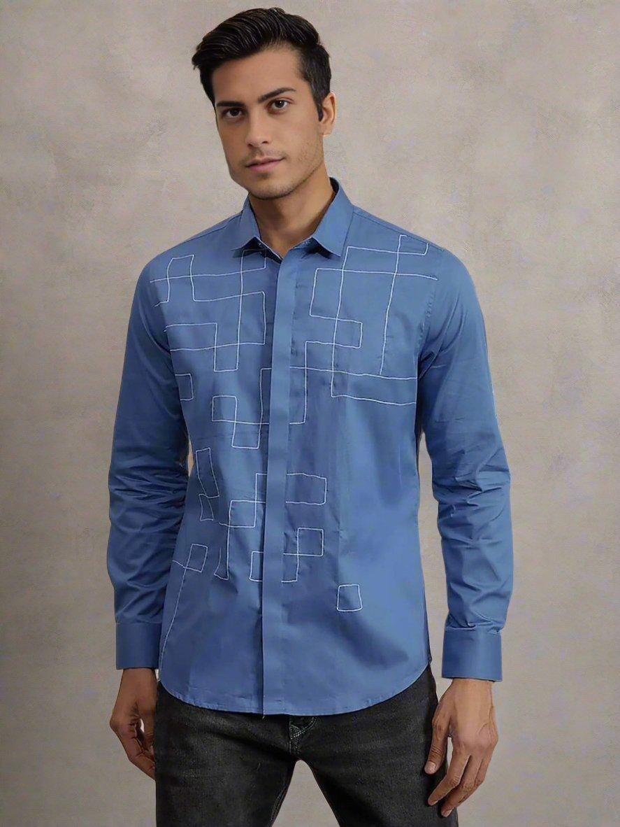 Embroidered Smart Casual Blue Shirt - HE SPOKE - For Men