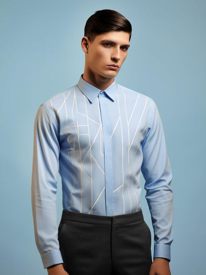 Embroidered Smart Casual Blue Shirt - HE SPOKE - For Men