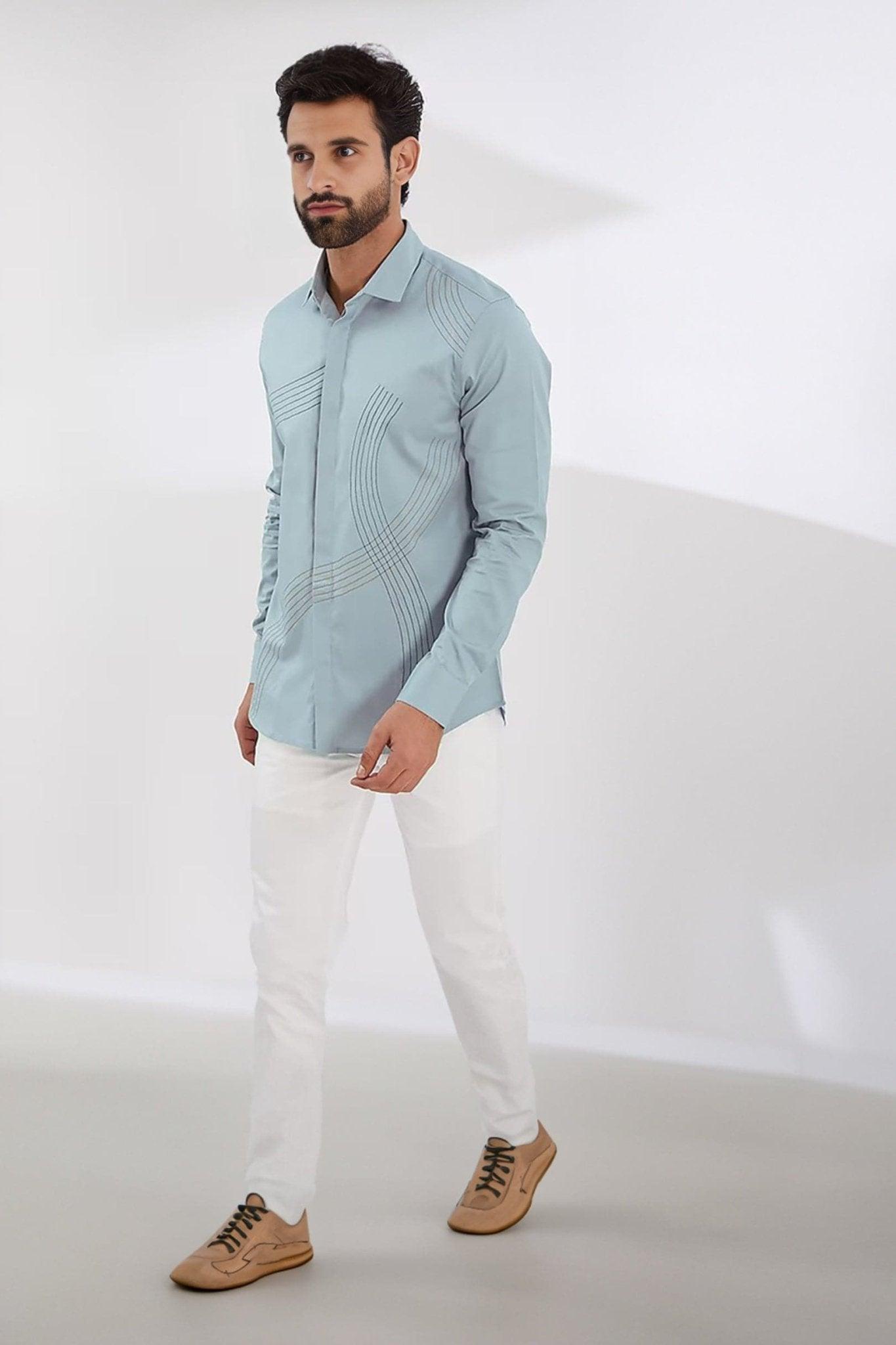 Embroidered Smart Casual Blue Shirt - HE SPOKE - For Men