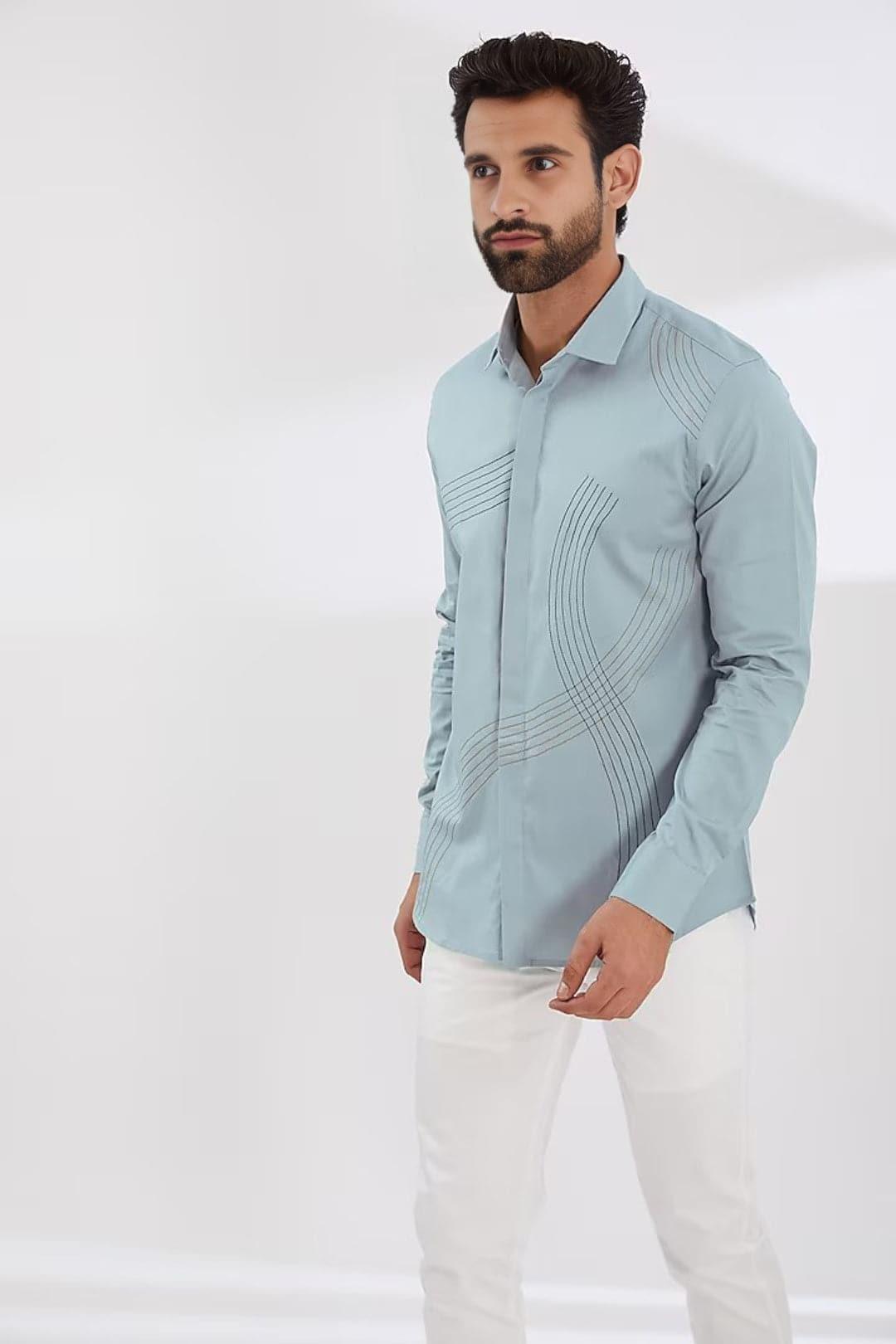 Embroidered Smart Casual Blue Shirt - HE SPOKE - For Men