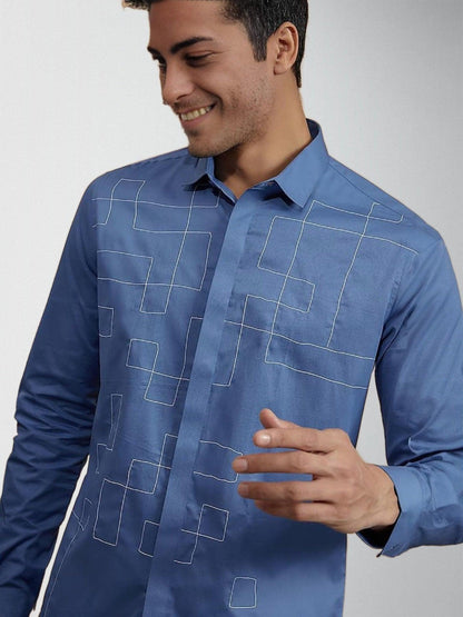 Embroidered Smart Casual Blue Shirt - HE SPOKE - For Men