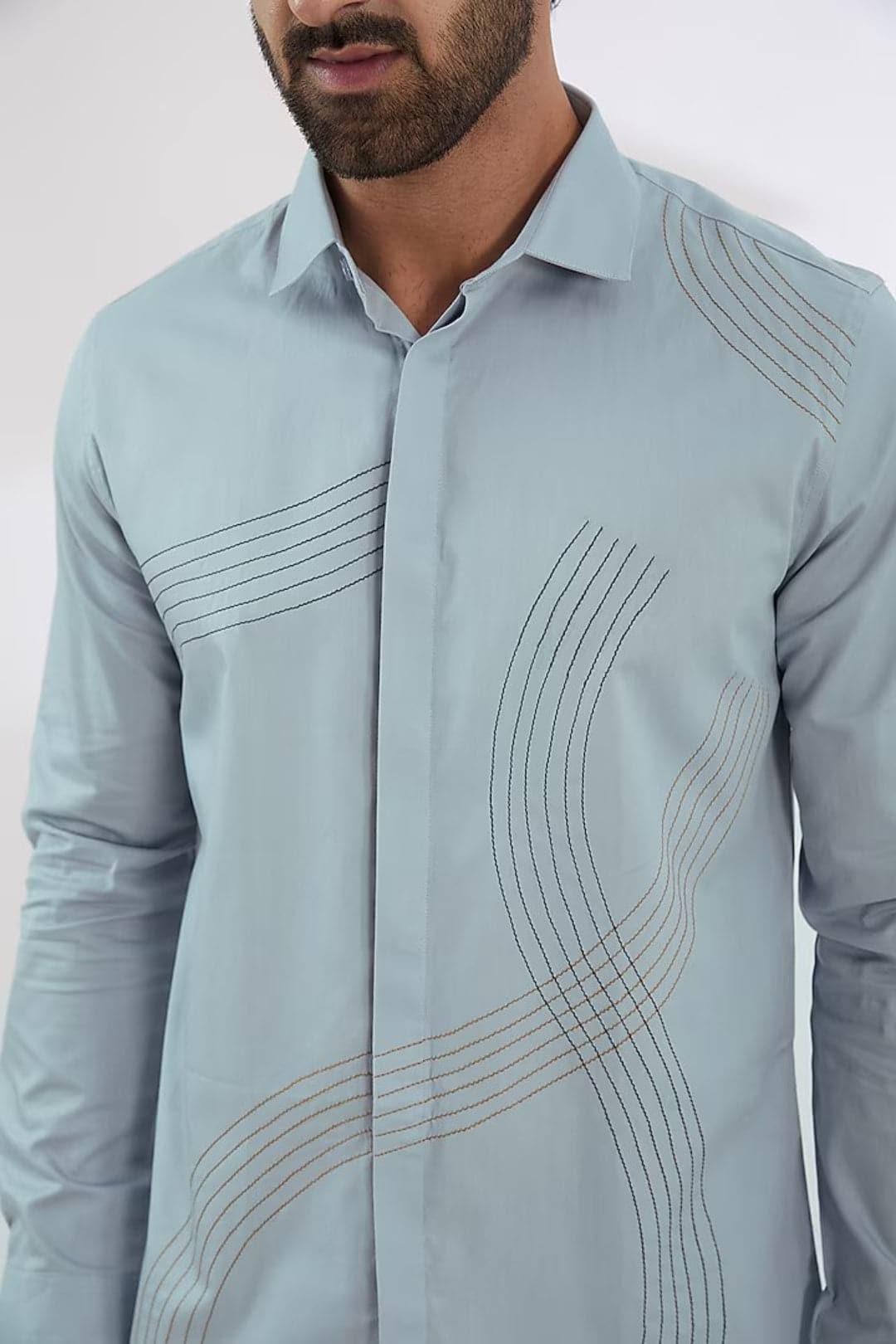 Embroidered Smart Casual Blue Shirt - HE SPOKE - For Men