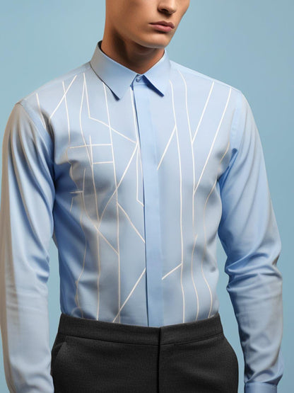 Embroidered Smart Casual Blue Shirt - HE SPOKE - For Men