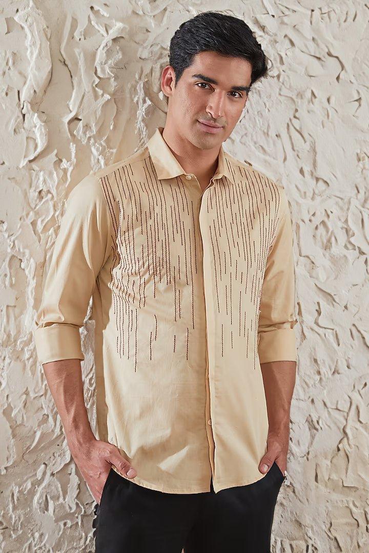 Embroidered Smart Casual Cream Shirt - HE SPOKE - For Men