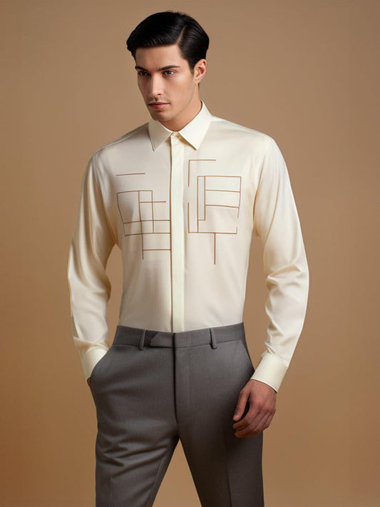 Embroidered Smart Casual Cream Shirt - HE SPOKE - For Men