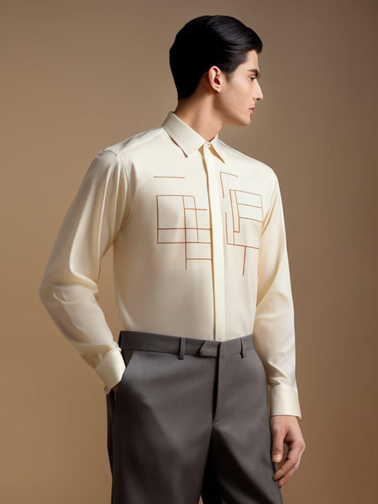 Embroidered Smart Casual Cream Shirt - HE SPOKE - For Men