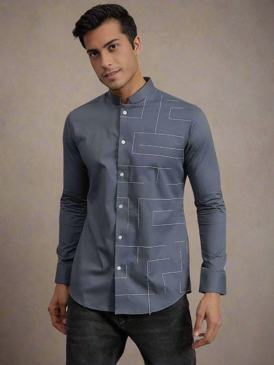 Embroidered Smart Casual Grey Shirt - HE SPOKE - For Men